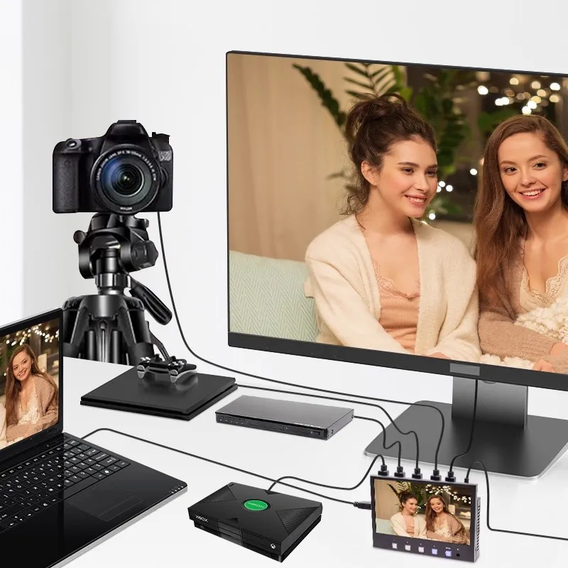Video Mixer Switcher with 4 HDMI Input 1 HDMI & USB-B Output 7 inch Screen for Real Time Production USB3.0 Live Streaming
Video Mixer Switcher with 4 HDMI Input 1 HDMI & USB-B Output 7 inch Screen for Real Time Production USB3.0 Live Streaming