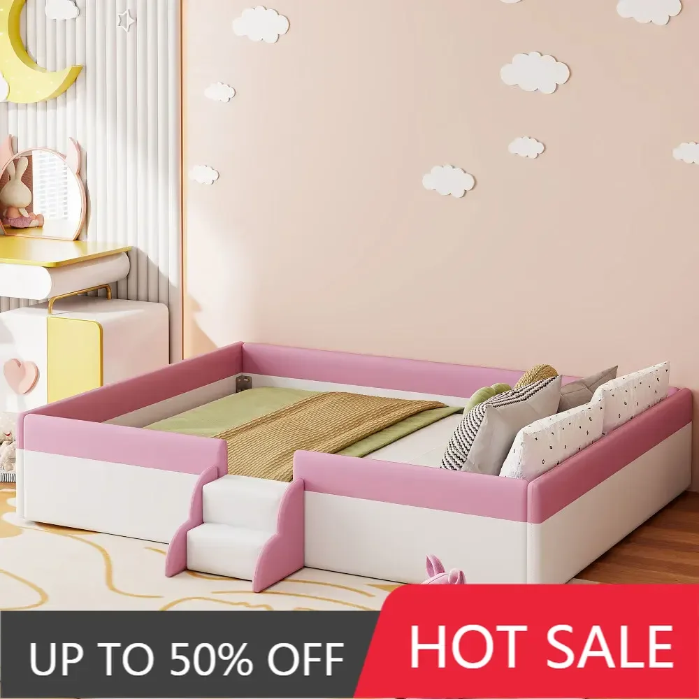 Queen Size Upholstered Kids Daybed Frame with Fence and Stairs, Wood Bed for Living Room, Floor Bed, White+Pink
Queen Size Upholstered Kids Daybed Frame with Fence and Stairs, Wood Bed for Living Room, Floor Bed, White+Pink