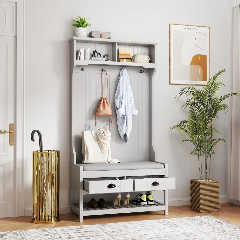 Wood Entryway Coat Hanger with Bench, 4-in-1 Hall Tree Shoe Storage-Bench with Drawers Top Open Shelf Hooks Upholstered Seat
Wood Entryway Coat Hanger with Bench, 4-in-1 Hall Tree Shoe Storage-Bench with Drawers Top Open Shelf Hooks Upholstered Seat