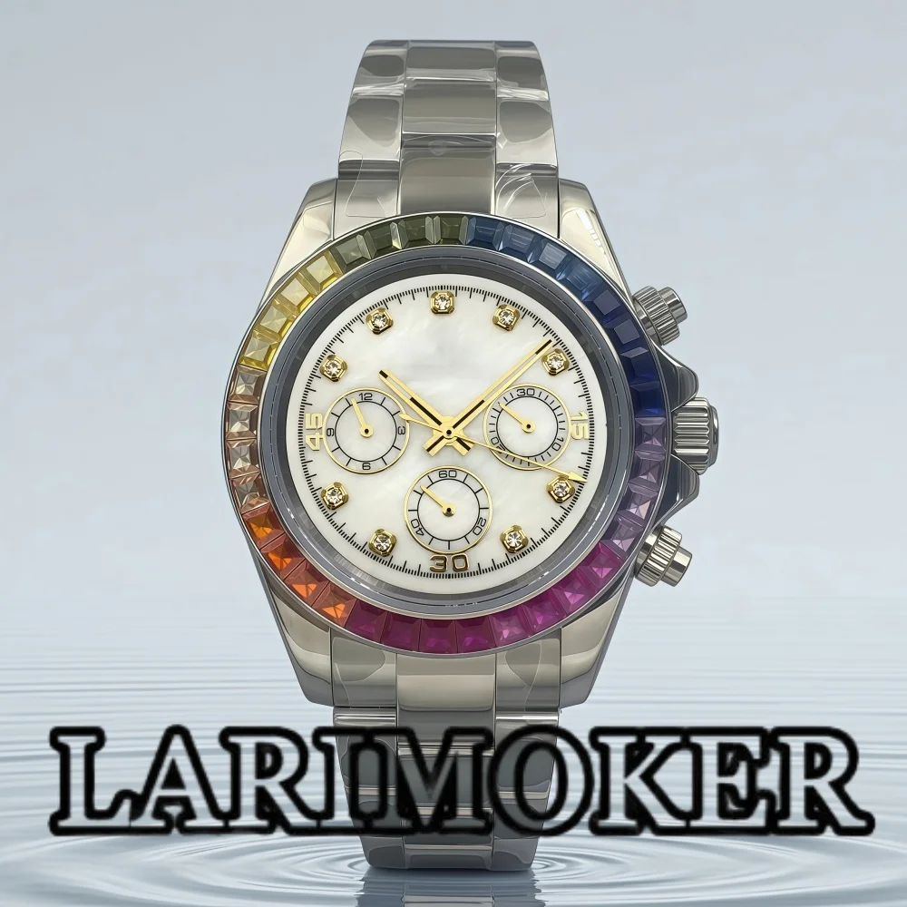 LARIMOKER 39mm Men's Chronograph Watch VK63 Quartz Movement Stainless Steel Sapphire Glass Diamond Studded Dial Rainbow Bezel
LARIMOKER 39mm Men's Chronograph Watch VK63 Quartz Movement Stainless Steel Sapphire Glass Diamond Studded Dial Rainbow Bezel