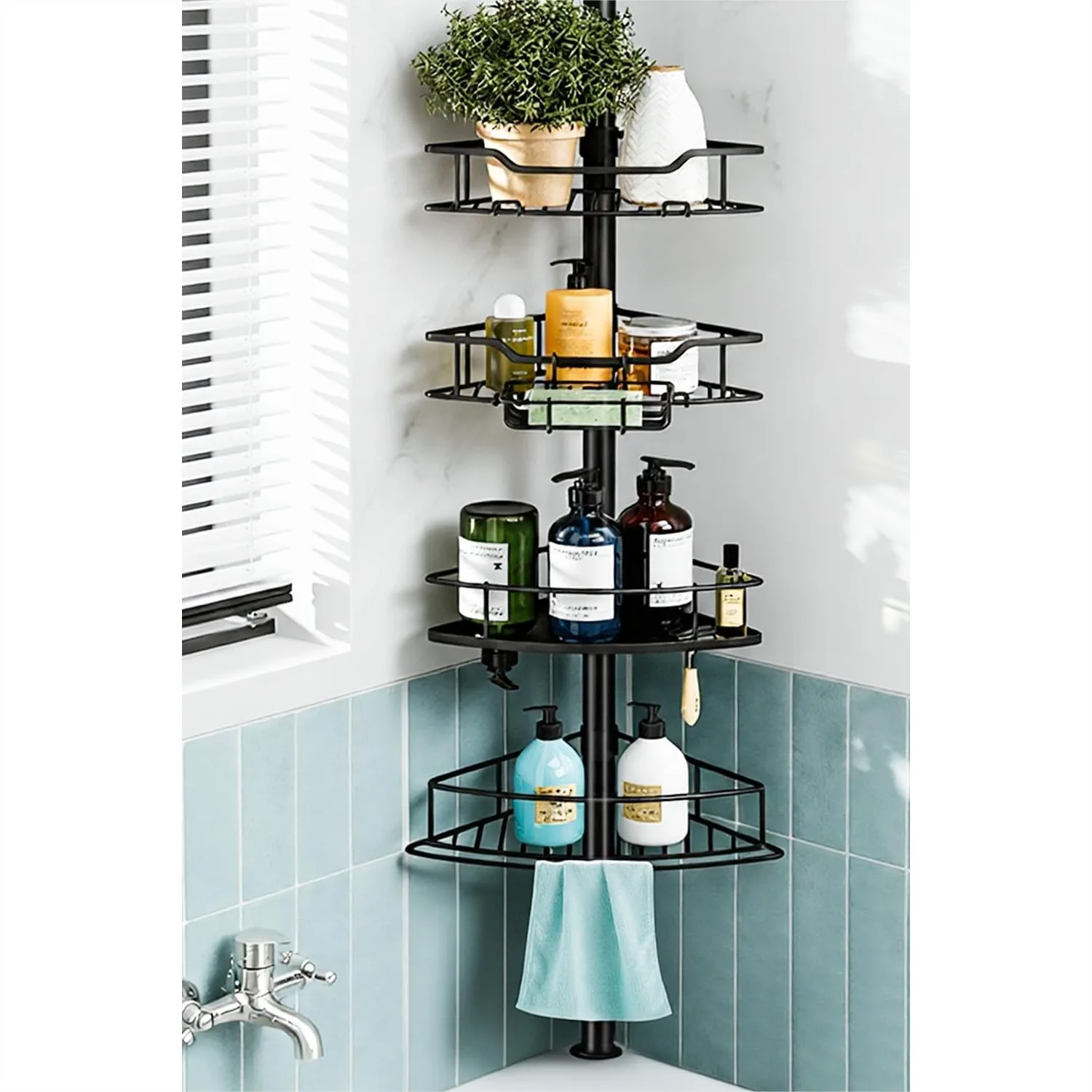 Tension Pole Shower Caddy, 4-Tier Rustproof Adjustable 25-125 Inch Corner Organizer with Hooks and Soap Holder, Black
Tension Pole Shower Caddy, 4-Tier Rustproof Adjustable 25-125 Inch Corner Organizer with Hooks and Soap Holder, Black
