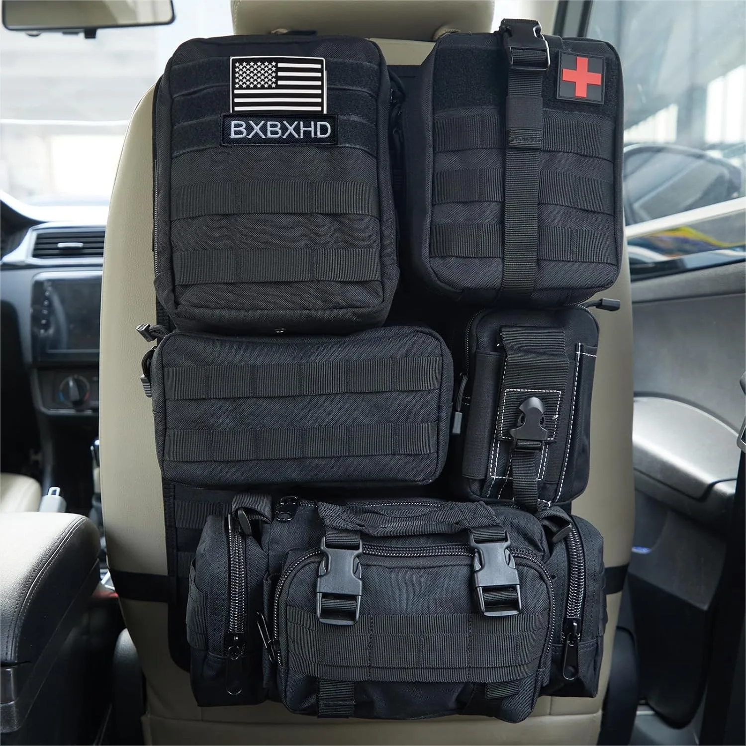 Universal Tactical Car Seat Back Organizer with MOLLE Panel, 5 Detachable Pouches for Truck SUV Jeep - Black
Universal Tactical Car Seat Back Organizer with MOLLE Panel, 5 Detachable Pouches for Truck SUV Jeep - Black