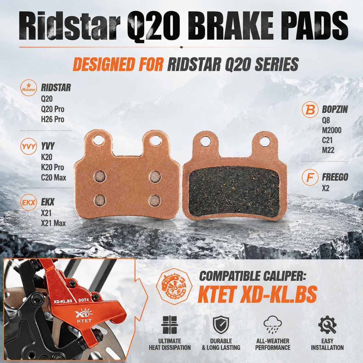 Ridstar Q20 Brake Pads Semi-Metallic Ultra Quiet for Q20 Pro H26 Pro YVY K20 Pro C20 Max KTET XD-KL.BS Ebike
Ridstar Q20 Brake Pads Semi-Metallic Ultra Quiet for Q20 Pro H26 Pro YVY K20 Pro C20 Max KTET XD-KL.BS Ebike