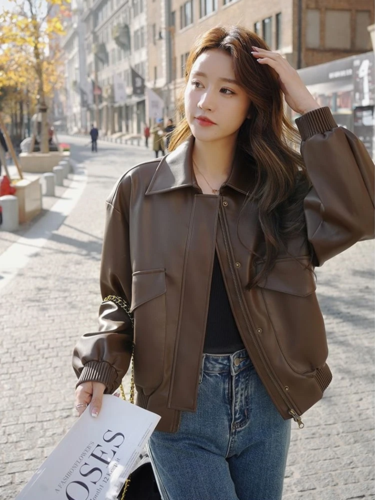 Caramel Leather Jacket Short Outerwear Women's Spring Autumn Winter Loose Motorcycle Collar Flip Ladies Premium Feel
Caramel Leather Jacket Short Outerwear Women's Spring Autumn Winter Loose Motorcycle Collar Flip Ladies Premium Feel