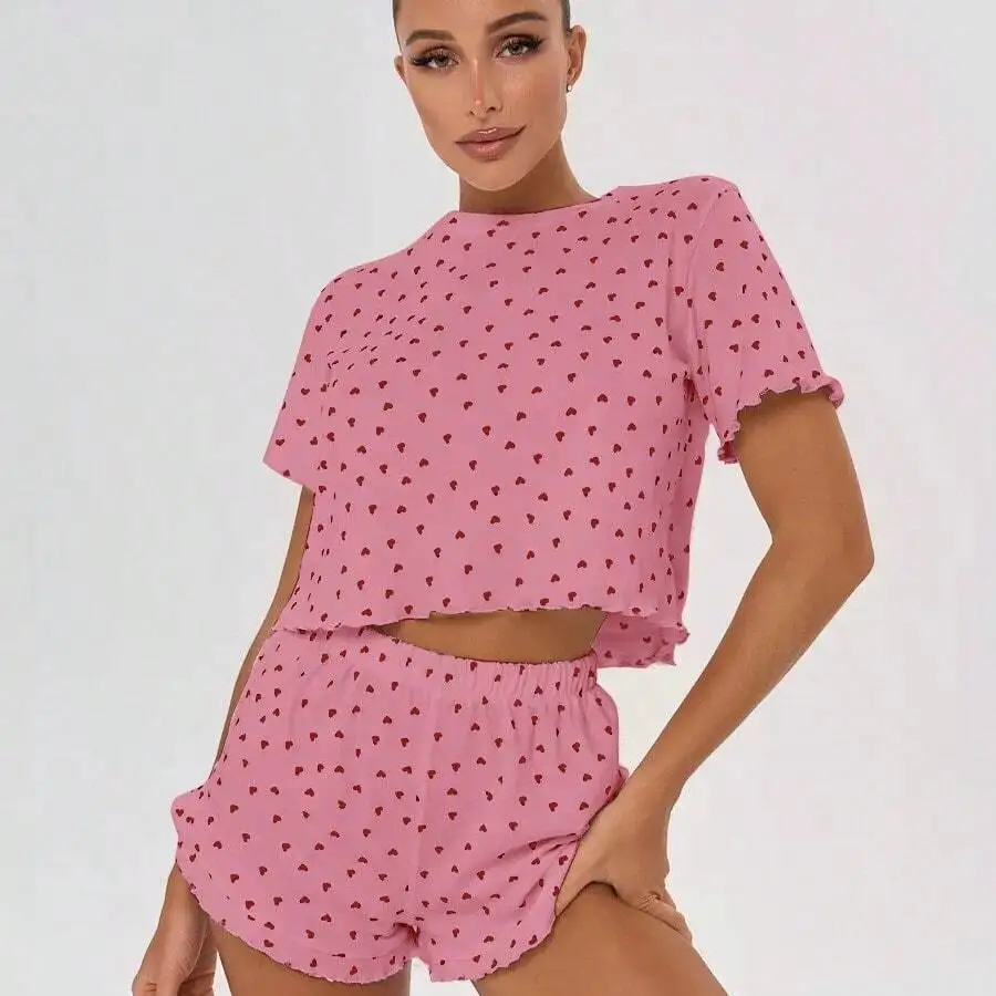 Womens Heart Print Short Sleeve Crop Top And Shorts Two Piece Set Sleepwear Lightweight
Womens Heart Print Short Sleeve Crop Top And Shorts Two Piece Set Sleepwear Lightweight