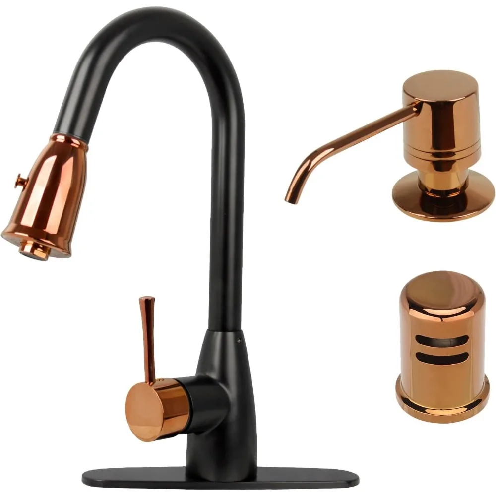 Matte Black and Rose Gold Single-Hole Pull-Down Spray Kitchen Faucet with Deck Plate in Solid Brass
Matte Black and Rose Gold Single-Hole Pull-Down Spray Kitchen Faucet with Deck Plate in Solid Brass