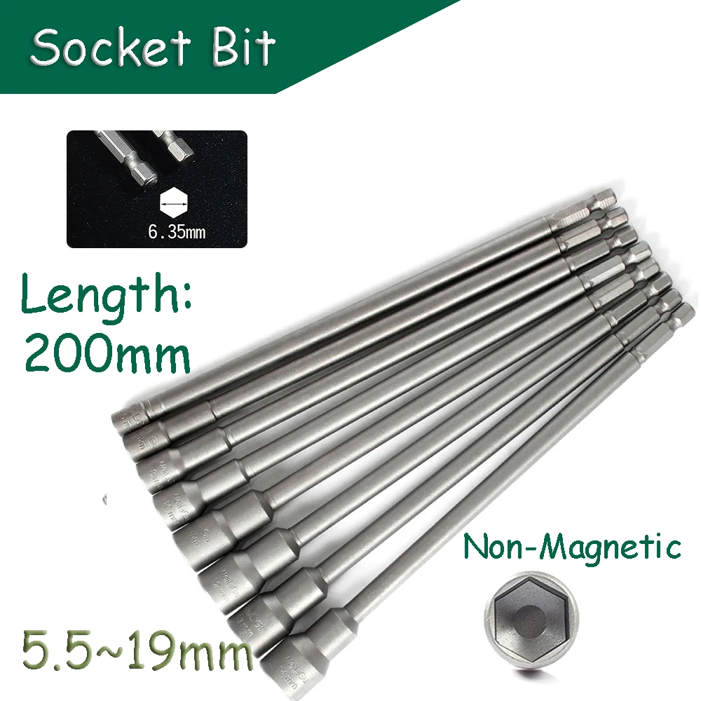 Socket Bits 5.5mm~19mm Non-Magnetic Electric Wrench Socket 200mm Length Impact Socket Adapter for Power Tools 1/4 in. Hex Shank
Socket Bits 5.5mm~19mm Non-Magnetic Electric Wrench Socket 200mm Length Impact Socket Adapter for Power Tools 1/4 in. Hex Shank