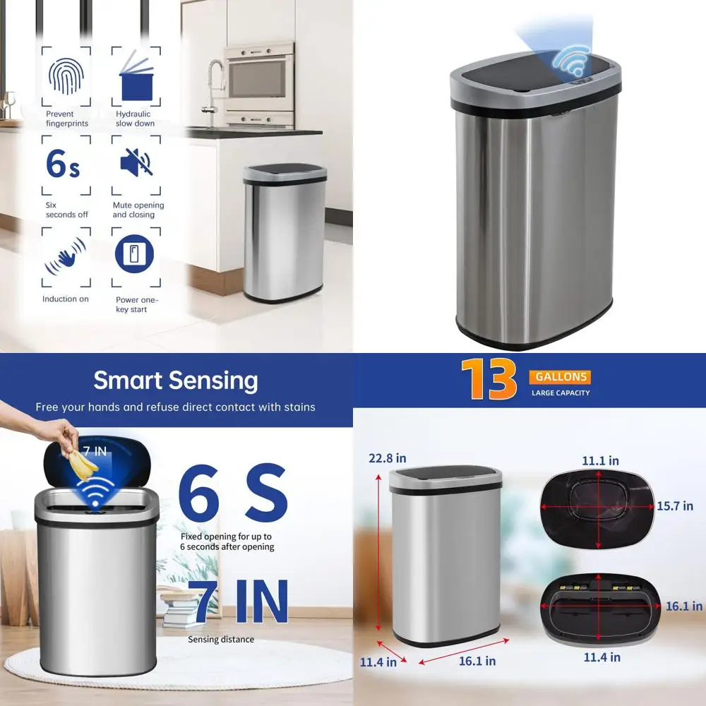 13 Gallon Automatic Touchless Trash Bin with Odor Control, Elegant Oval Design, Easy Clean, Stainless Steel for Kitchen, Bathroo
13 Gallon Automatic Touchless Trash Bin with Odor Control, Elegant Oval Design, Easy Clean, Stainless Steel for Kitchen, Bathroo