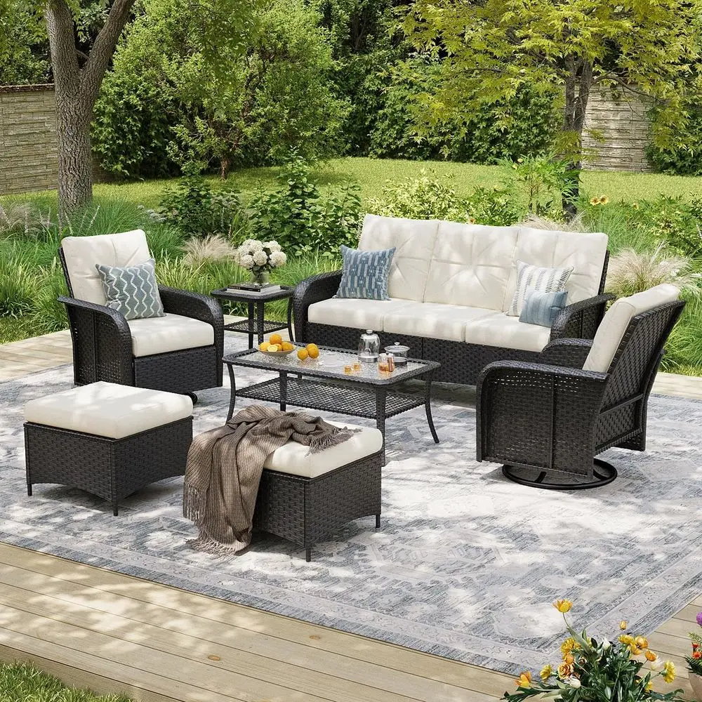9-Piece Luxury Patio Furniture Set with Swivel Chairs, Wicker Rattan Sofa, Thick Cushions for Outdoor, Backyard, and Poolside in
9-Piece Luxury Patio Furniture Set with Swivel Chairs, Wicker Rattan Sofa, Thick Cushions for Outdoor, Backyard, and Poolside in