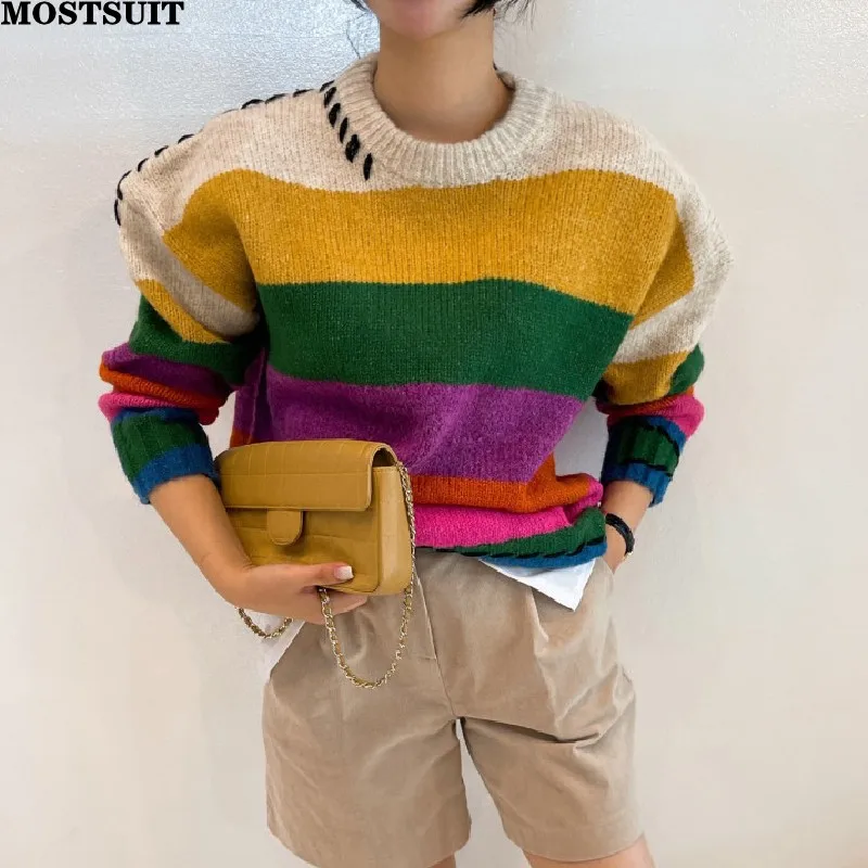Korean Rainbow Striped Knit Sweater Women Stylish Loose Fashion Chic Pullover Tops 2024 Autumn Long Sleeve O-neck Jumpers Femme
Korean Rainbow Striped Knit Sweater Women Stylish Loose Fashion Chic Pullover Tops 2024 Autumn Long Sleeve O-neck Jumpers Femme