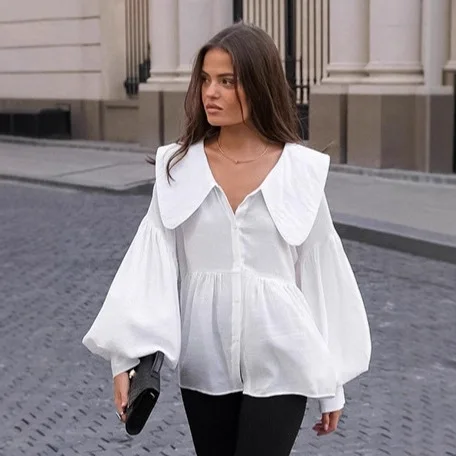 Осень женская блузка с воротником Питера Пэна, однобортная рубашка с рукавами-фонариками для женщин, свободный крой, темпераментный женский топ
Осень женская блузка с воротником Питера Пэна, однобортная рубашка с рукавами-фонариками для женщин, свободный крой, темпераментный женский топ