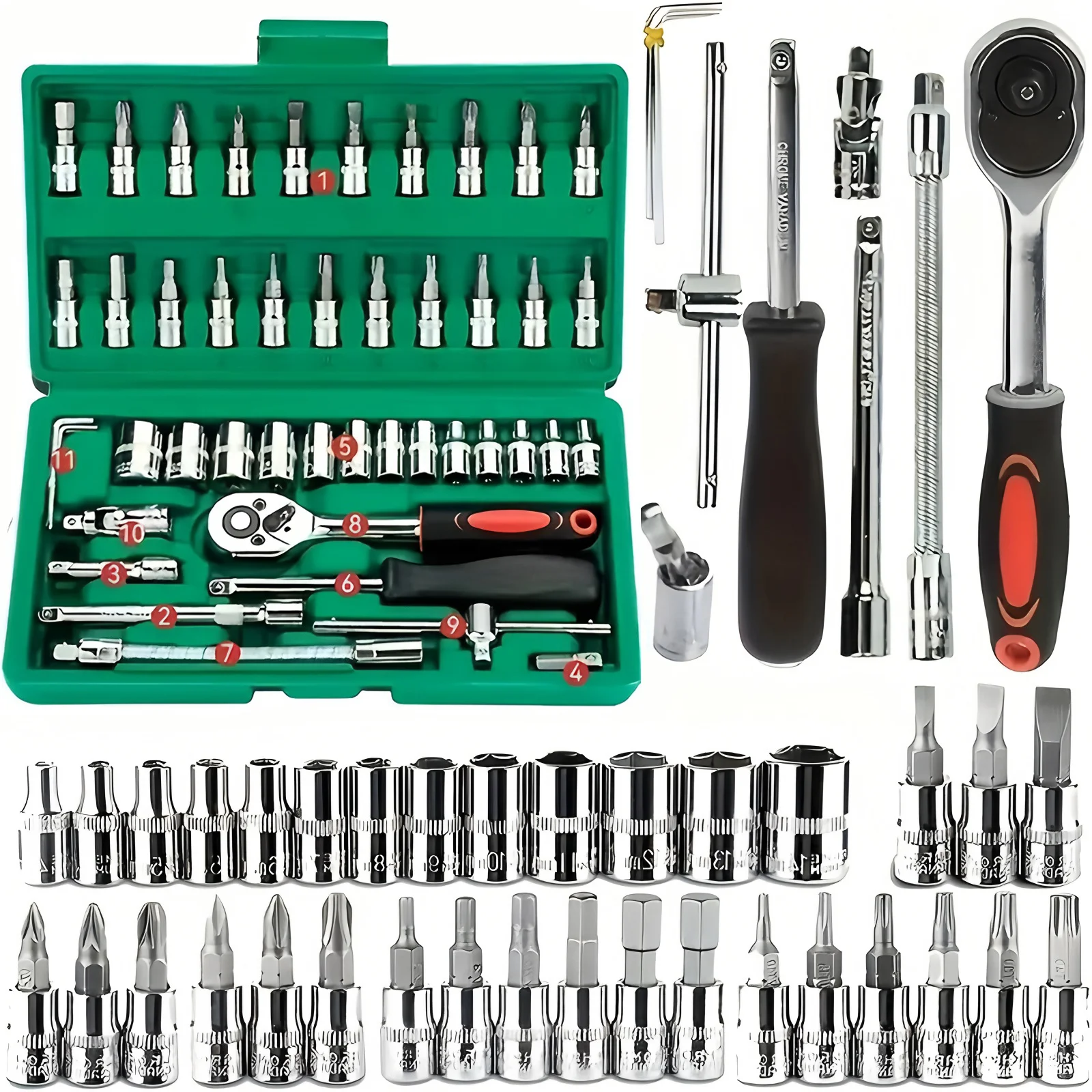 Набор инструментов для ремонта автомобиля, 46 шт.: Динамометрический ключ с храповым механизмом, гаечный ключ, отвертка, набор головок — идеально подходит для ремонта мотоциклов и автомобилей
Набор инструментов для ремонта автомобиля, 46 шт.: Динамометрический ключ с храповым механизмом, гаечный ключ, отвертка, набор головок — идеально подходит для ремонта мотоциклов и автомобилей