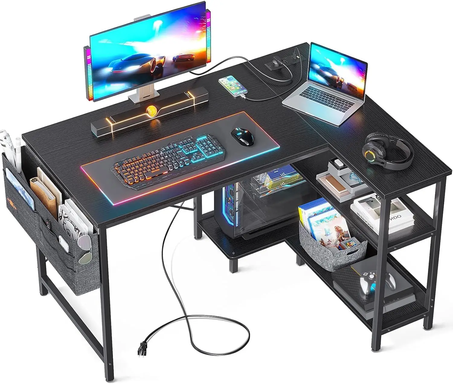 40-Inch L-Shaped Gaming Desk with Power Outlets, Reversible Shelves & PC Stand for Home Office, Black
40-Inch L-Shaped Gaming Desk with Power Outlets, Reversible Shelves & PC Stand for Home Office, Black
