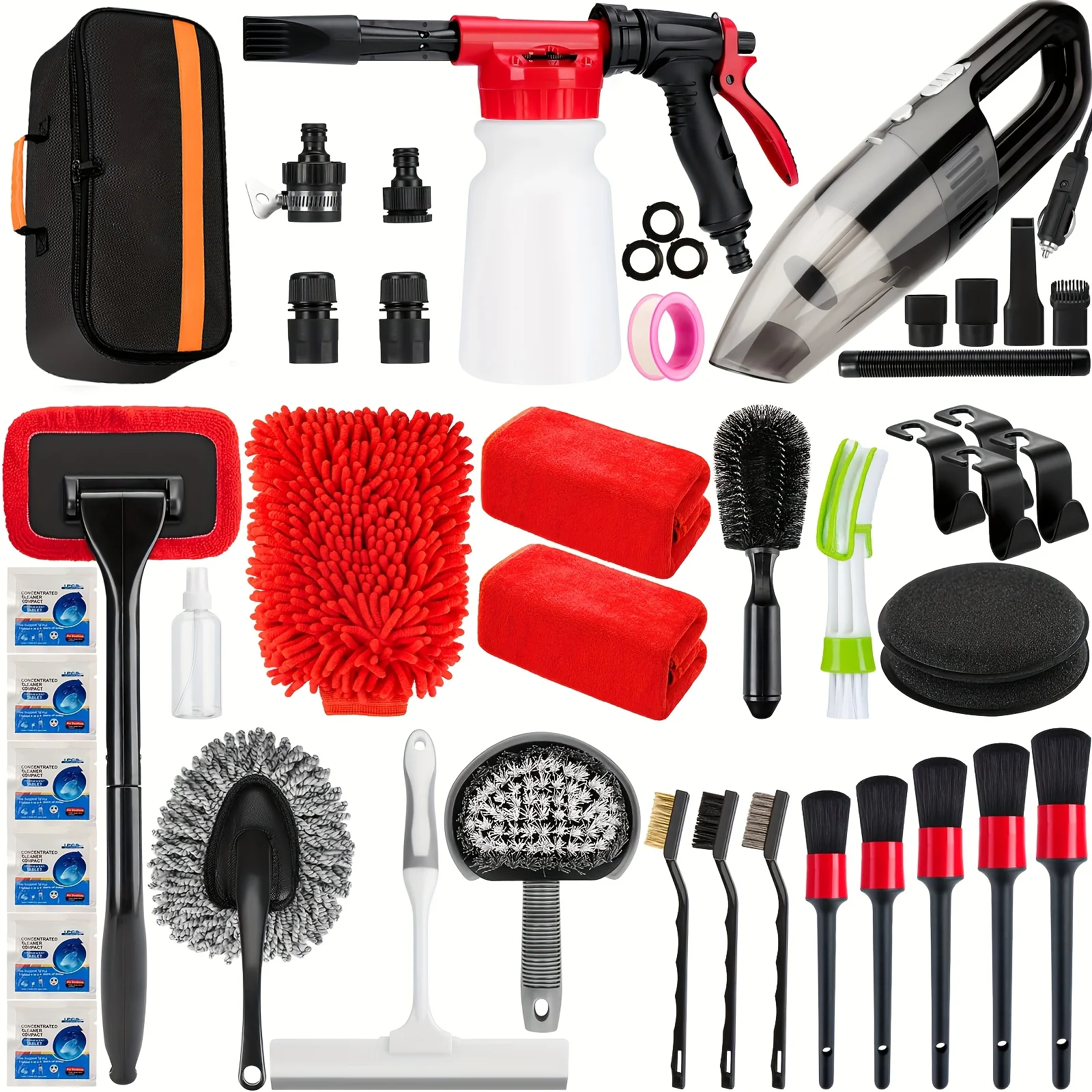 Complete Car Cleaning Set Featuring a Foam Gun Sprayer, Detailing Brushes, a Vacuum, a Windshield Cleaning Tool, a Tire Brush,
Complete Car Cleaning Set Featuring a Foam Gun Sprayer, Detailing Brushes, a Vacuum, a Windshield Cleaning Tool, a Tire Brush,