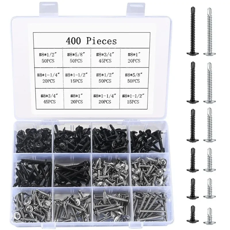 400Pcs Self-tapping Screws with Washers Set Stainless Steel+Black Sarbon Steel Cross Drill Tail Screws Nail Screw Assortment Kit
400Pcs Self-tapping Screws with Washers Set Stainless Steel+Black Sarbon Steel Cross Drill Tail Screws Nail Screw Assortment Kit