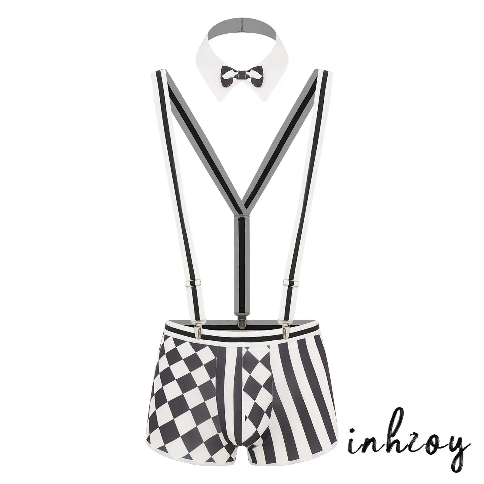 Mens Checked and Striped Manservant Waiter Cosplay Lingerie Set Color Block Boxer Shorts with Y-back Suspenders Bowtie Collar
Mens Checked and Striped Manservant Waiter Cosplay Lingerie Set Color Block Boxer Shorts with Y-back Suspenders Bowtie Collar