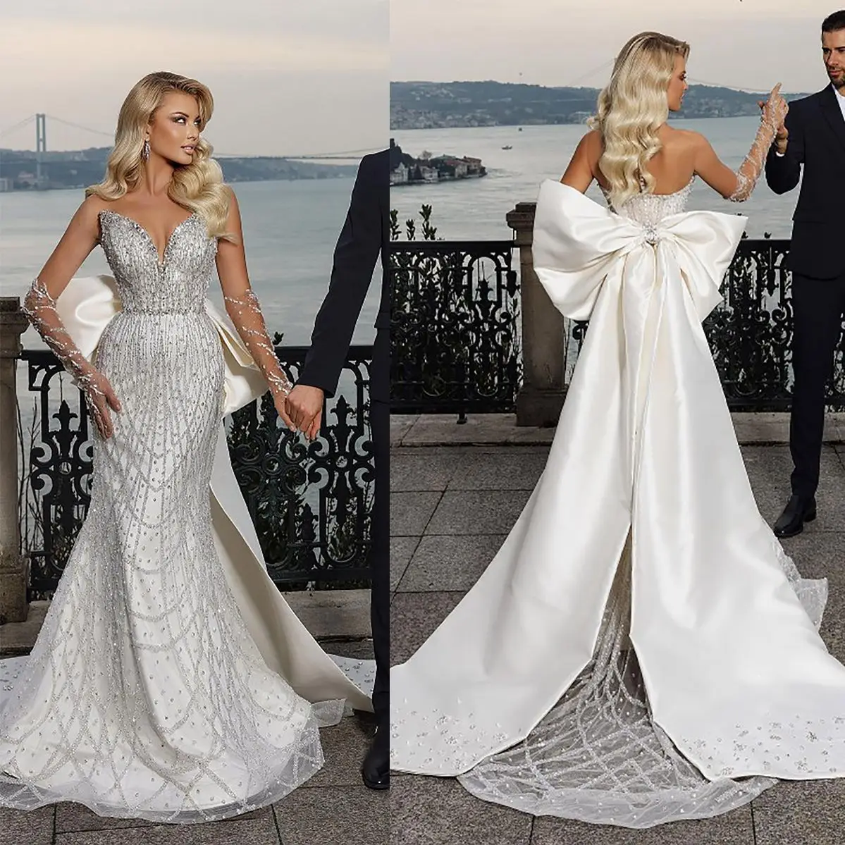 Sparkly Strapless Mermaid Wedding Dress Big Bow Tie Backless Saudi Arabic Sequined Lace Bridal Gown
Sparkly Strapless Mermaid Wedding Dress Big Bow Tie Backless Saudi Arabic Sequined Lace Bridal Gown