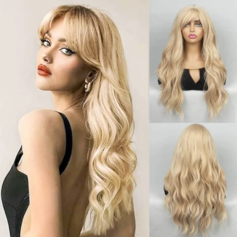 Fashionable women's with golden bangs, long curly hair, big waves, synthetic fiber full head wig
Fashionable women's with golden bangs, long curly hair, big waves, synthetic fiber full head wig