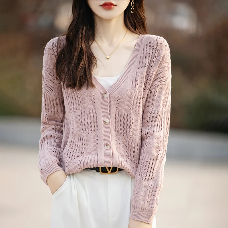 Spring/Summer Women's Fashion Knitted Cardigan V-neck Long sleeved Hollow Pure Cotton Coat with Plant Fiber
Spring/Summer Women's Fashion Knitted Cardigan V-neck Long sleeved Hollow Pure Cotton Coat with Plant Fiber