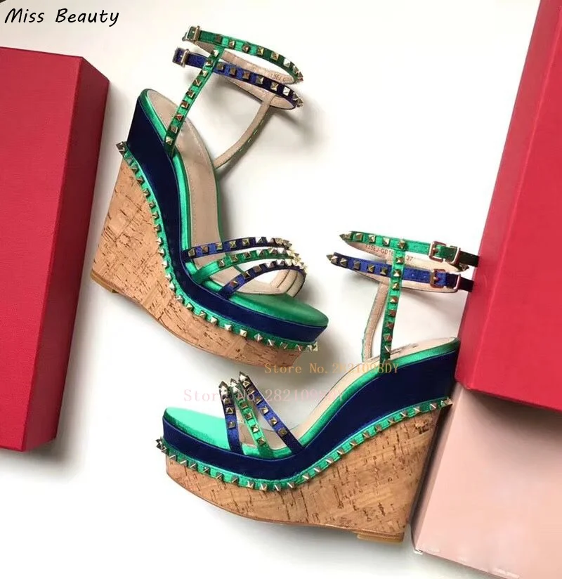 Women's Rockstud Multicolor Rainbow Platform Wedge Shoes High Heel Sandals Woman Ankle Wrap Rivet Shoe
Women's Rockstud Multicolor Rainbow Platform Wedge Shoes High Heel Sandals Woman Ankle Wrap Rivet Shoe
