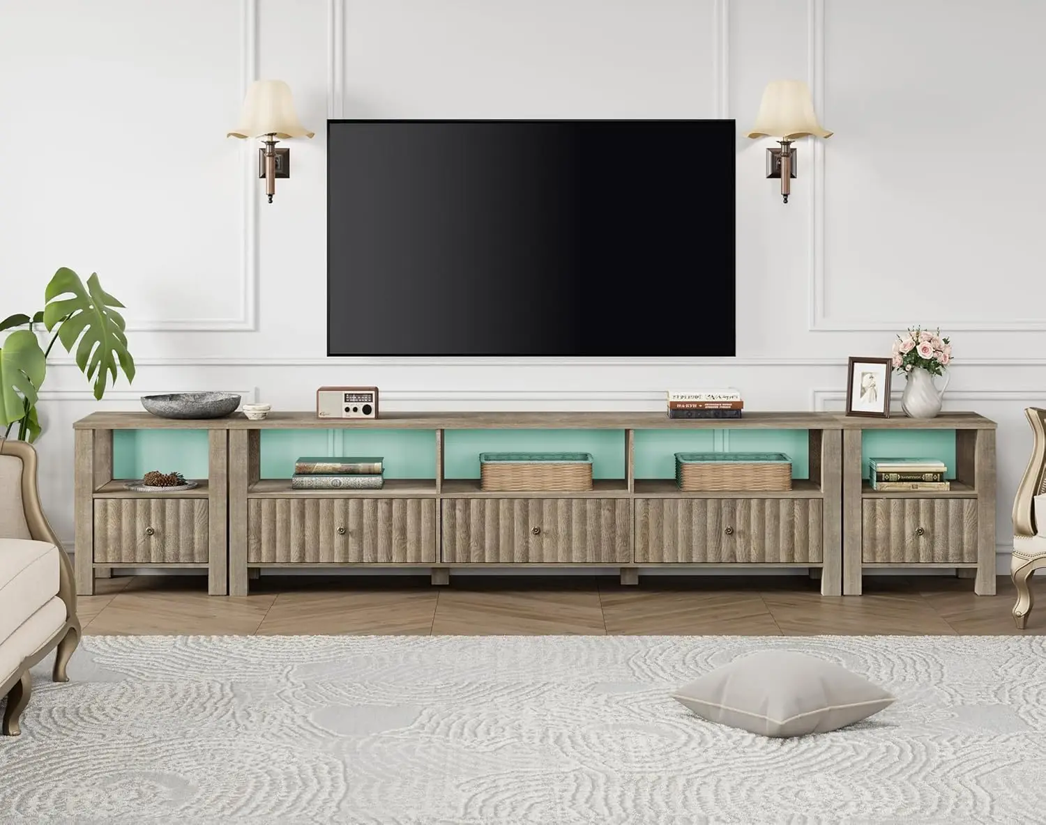3 In1 Farmhouse Tv Stand With 16 Color Led For Tvs Up To 110 Hes, Vintage Grey Modern Entertainment Center For 55-110 H Tv
3 In1 Farmhouse Tv Stand With 16 Color Led For Tvs Up To 110 Hes, Vintage Grey Modern Entertainment Center For 55-110 H Tv