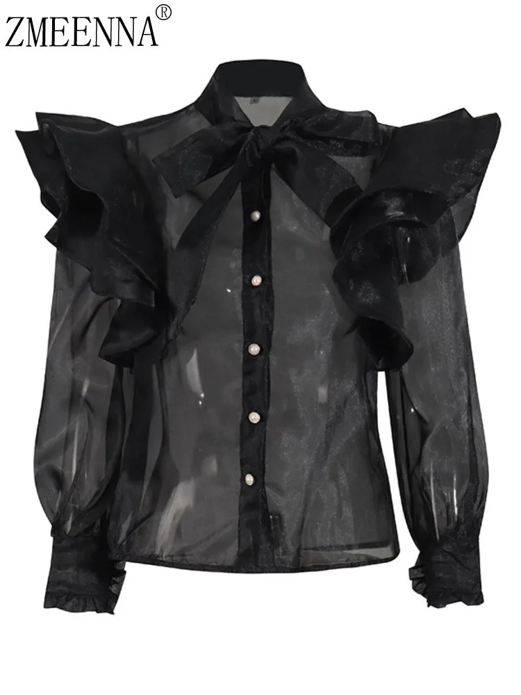 ZMEENNA Turn Down Collar Patchwork Ruffle Single Breasted Perspective Shirt For Women 2025 Fashion Female New Blouse ZM631
ZMEENNA Turn Down Collar Patchwork Ruffle Single Breasted Perspective Shirt For Women 2025 Fashion Female New Blouse ZM631