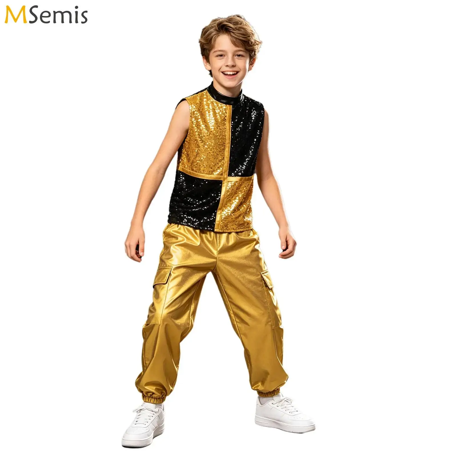 Kids Boys Shiny Sequins Metallic Hip Hop Jazz Dance Outfits Performance Costume Back Invisible Zipper Top with Cargo Pants
Kids Boys Shiny Sequins Metallic Hip Hop Jazz Dance Outfits Performance Costume Back Invisible Zipper Top with Cargo Pants