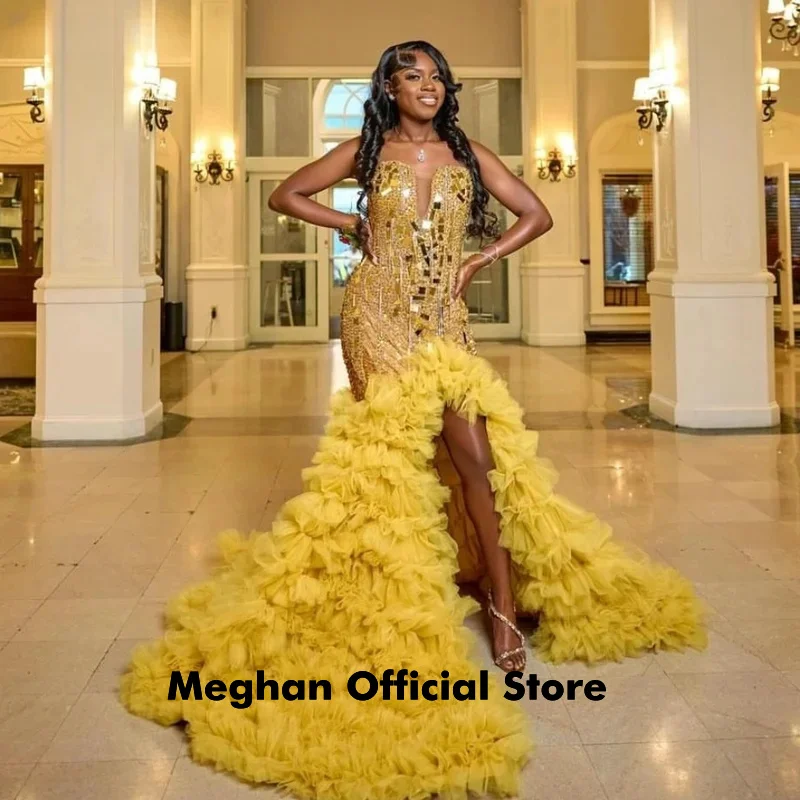 Gold African American Prom Dresses For Black Girls Mermaid Ruffled Crystals Slit Women Robe De Soiree Evening Gown Customized
Gold African American Prom Dresses For Black Girls Mermaid Ruffled Crystals Slit Women Robe De Soiree Evening Gown Customized