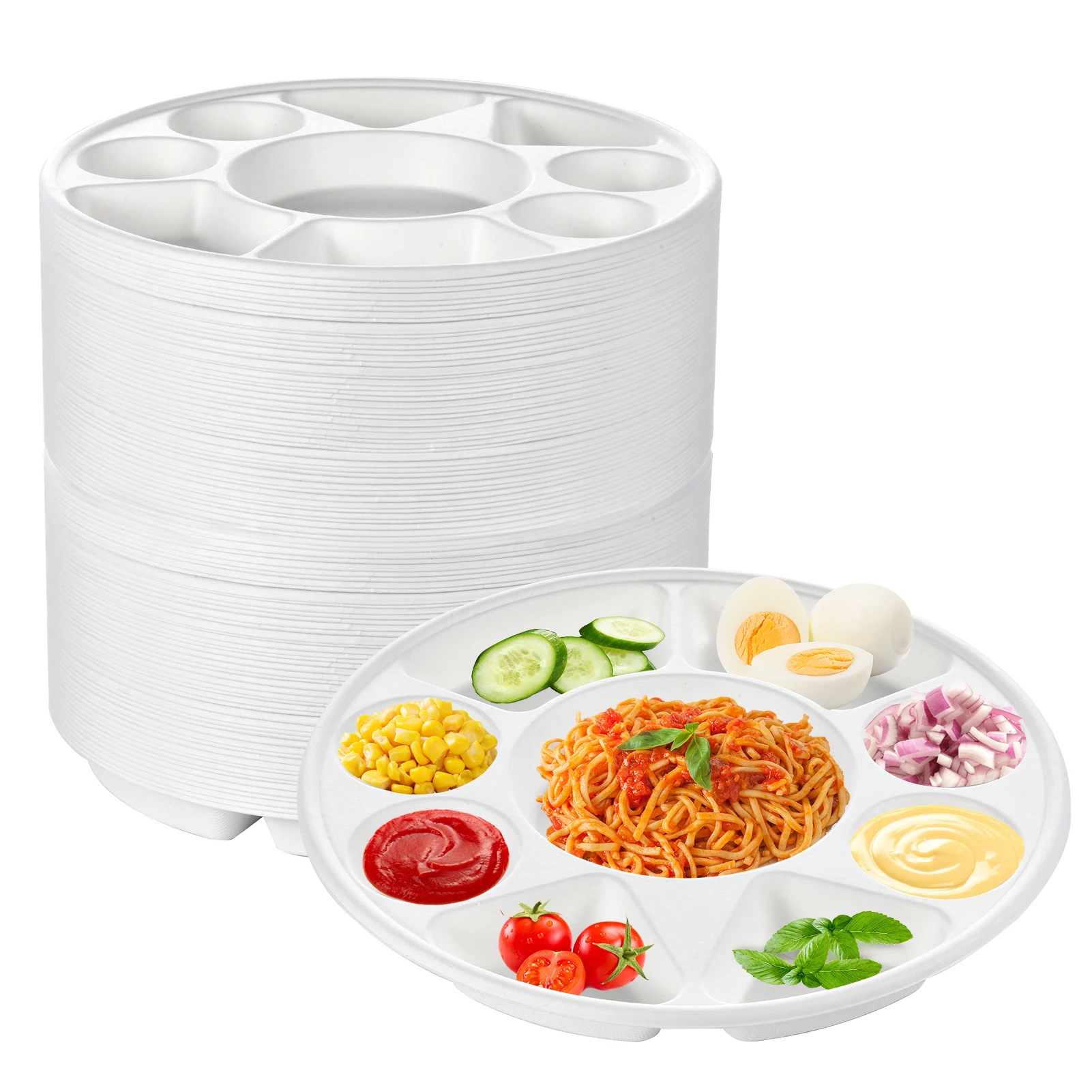 Heavy Duty 9 Compartment Divided Plates Round Sugarcane Disposable Serving Plate, 12.5inch Biodegradable Compostable Eco Friendly Party Dinnerware, Microwave Safe Oil Proof Leak Proof Platter for Weddings Events Holidays Catering
Heavy Duty 9 Compartment Divided Plates Round Sugarcane Disposable Serving Plate, 12.5inch Biodegradable Compostable Eco Friendly Party Dinnerware, Microwave Safe Oil Proof Leak Proof Platter for Weddings Events Holidays Catering