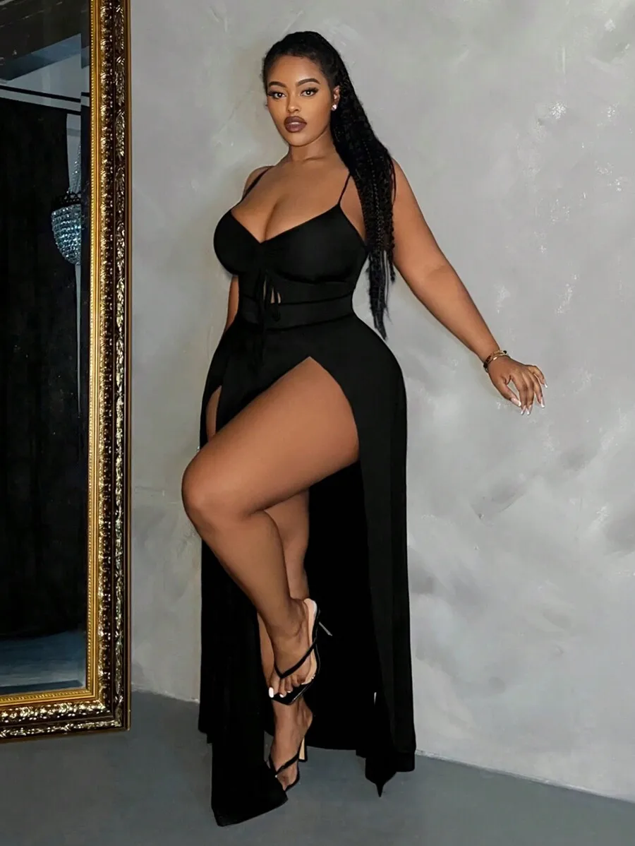 Plus Size Solid Color Drawstring High Slit Spaghetti Strap Dress For Vacation
Plus Size Solid Color Drawstring High Slit Spaghetti Strap Dress For Vacation