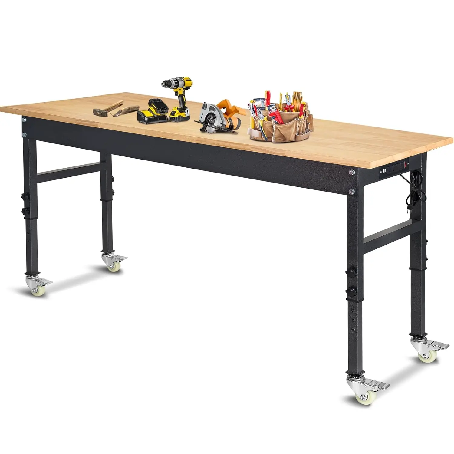 60" Adjustable Work Bench, Rubber Wood Top Workbench Heavy-Duty Work Table with Power Outlet and Wheels, 2000 LBS, Customized
60" Adjustable Work Bench, Rubber Wood Top Workbench Heavy-Duty Work Table with Power Outlet and Wheels, 2000 LBS, Customized
