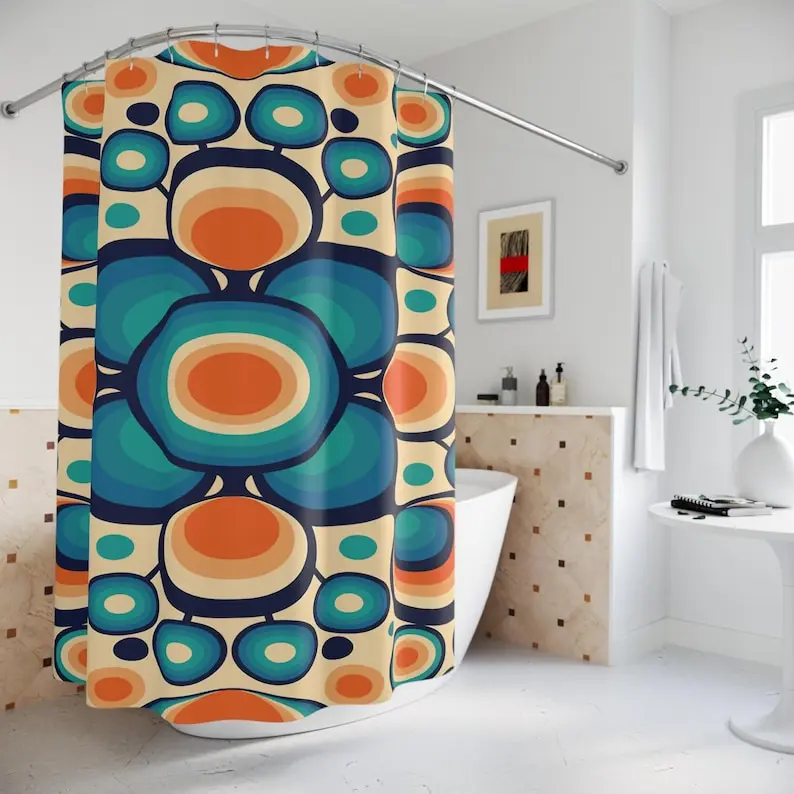 Retro Funky Boho Chic Cobalt Blue, Orange, and Beige Flower Power Shower Curtain, Mid Century Modern Groovy Hippie Orbs
Retro Funky Boho Chic Cobalt Blue, Orange, and Beige Flower Power Shower Curtain, Mid Century Modern Groovy Hippie Orbs