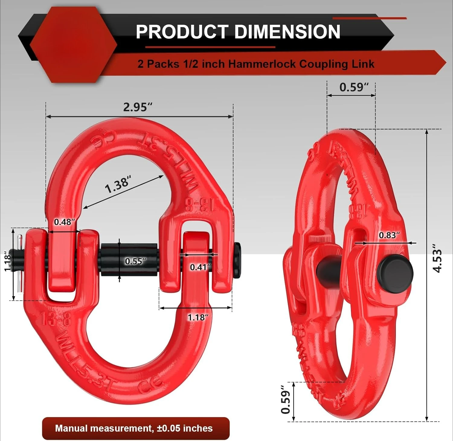 2 Pack 1/2" Safety Chain Connector Link, G80 Tow Hitch Coupling Link, Tow Chain Connector with 12000 lbs Loading (Red)
2 Pack 1/2" Safety Chain Connector Link, G80 Tow Hitch Coupling Link, Tow Chain Connector with 12000 lbs Loading (Red)