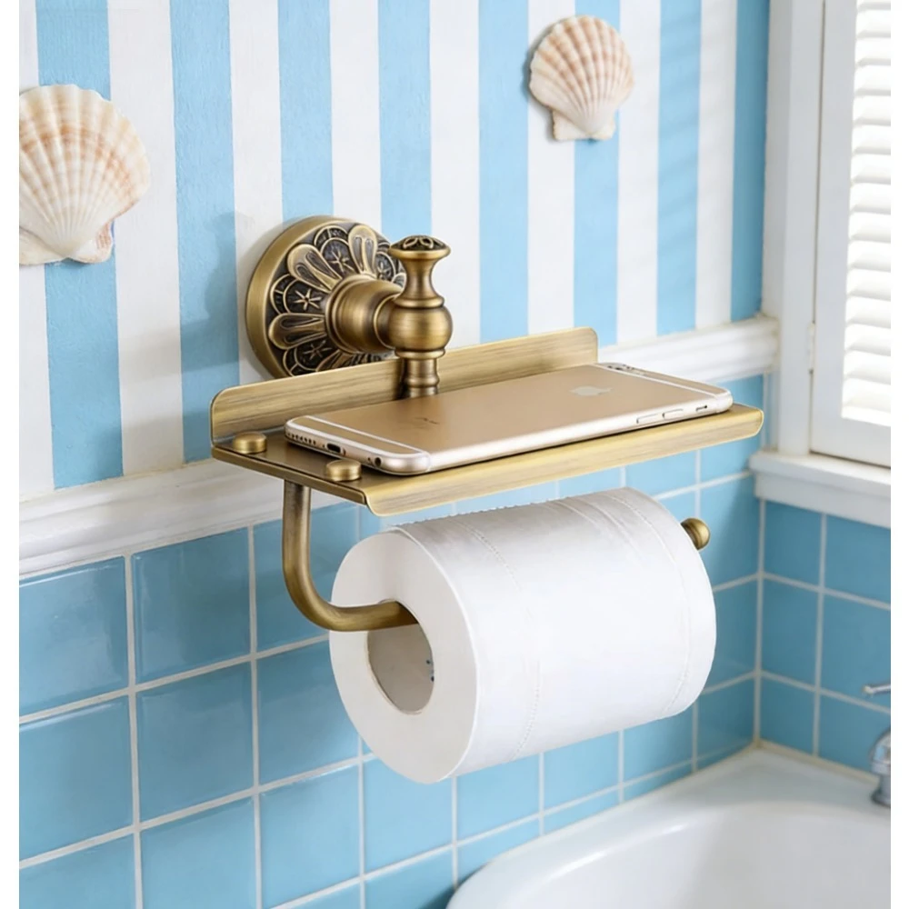 Antique brass brushed gold toilet paper holder, wall-mounted, with cell phone storage rack
Antique brass brushed gold toilet paper holder, wall-mounted, with cell phone storage rack