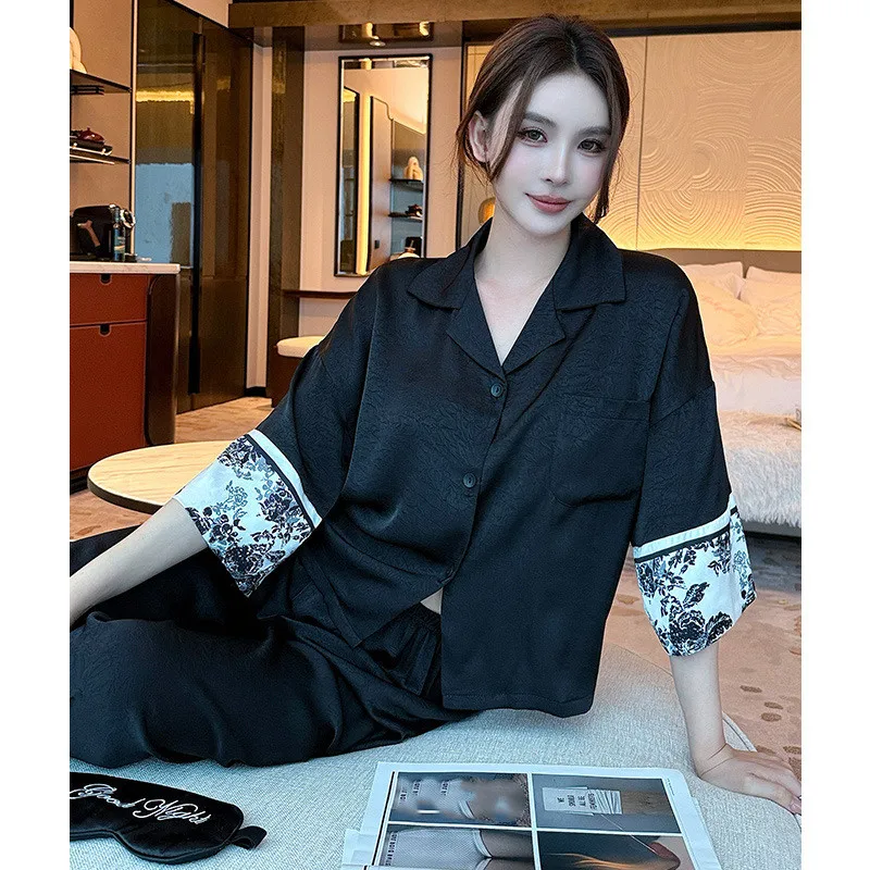 Jacquard Women's Pajamas 2PCS Set Loungewear Summer Silk Satin Sleepwear Three-Quarter Sleeve Trouser Suit Loose Homewear
Jacquard Women's Pajamas 2PCS Set Loungewear Summer Silk Satin Sleepwear Three-Quarter Sleeve Trouser Suit Loose Homewear