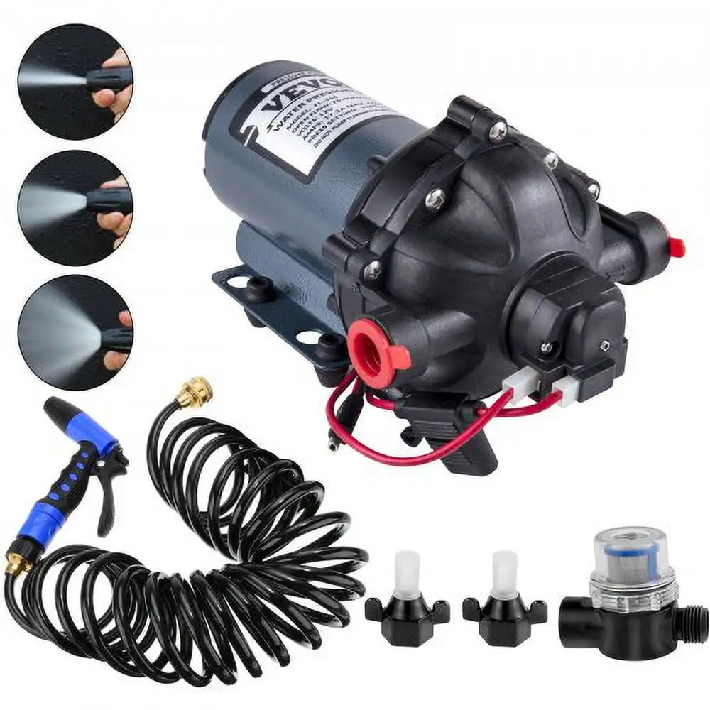RV Water Pump 5.3 GPM 5.5 Gallons Per Minute 12V Water Pump Automatic 70 PSI Diaphragm Pump with 25 Foot Coiled Hose Washdown
RV Water Pump 5.3 GPM 5.5 Gallons Per Minute 12V Water Pump Automatic 70 PSI Diaphragm Pump with 25 Foot Coiled Hose Washdown