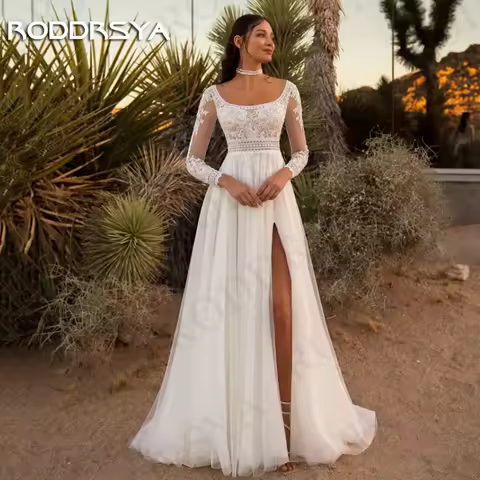 RODDRSYA 우아한 보헤미안 웨딩 원피스 베스티도 드 노비아 레이스 긴팔 A 라인 신부 드레스, 스플릿 아플리케 스퀘어 넥 우아한 보헤미안 웨딩 드레스 레이스 롱 슬리브 A라인 브라이덜 가운 스플릿 플로럴 아플리케 스퀘어 네크라인