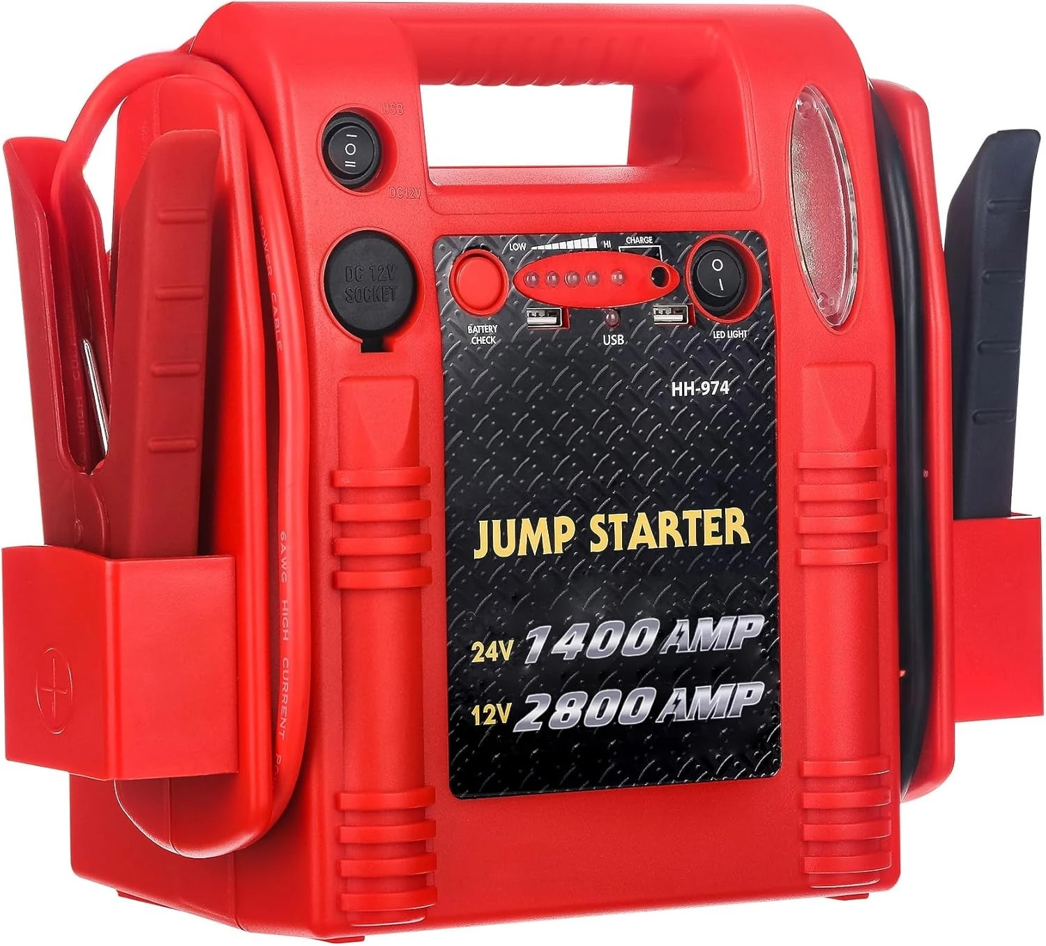 12V/24V Jump Starter,2800/1400 Peak Amp,Truck Battery Booster Pack, and Pure Copper Jumper Cables,Heavy Duty Jump Box Includes
12V/24V Jump Starter,2800/1400 Peak Amp,Truck Battery Booster Pack, and Pure Copper Jumper Cables,Heavy Duty Jump Box Includes