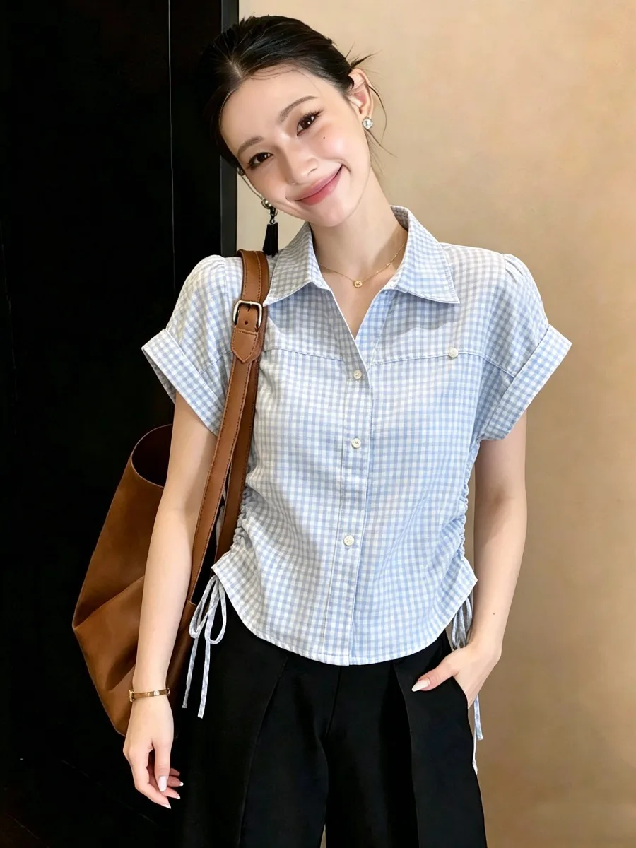 Korean Style Pleated Waist Plaid Shirt Short Sleeve Women Summer College Style Collar Top Polyester Fiber Thin Model
Korean Style Pleated Waist Plaid Shirt Short Sleeve Women Summer College Style Collar Top Polyester Fiber Thin Model