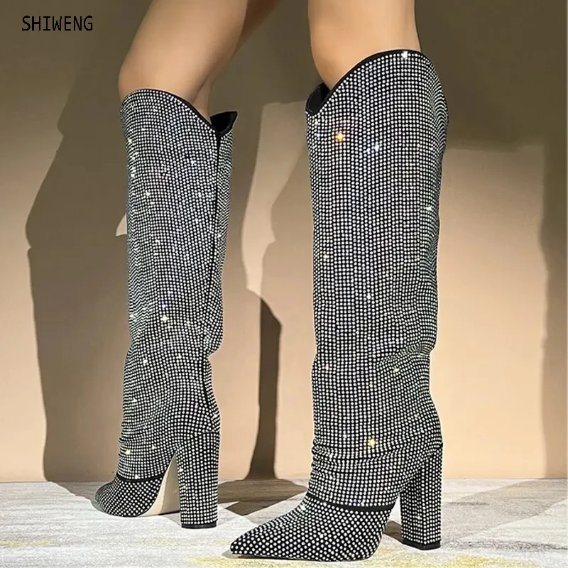 Luxury Women Knee High Boots for Woman's Silvery Roseo Rhinestone Shark Lock Pointed Toe Wedges Botas Mujer Party Shoes 44
Luxury Women Knee High Boots for Woman's Silvery Roseo Rhinestone Shark Lock Pointed Toe Wedges Botas Mujer Party Shoes 44