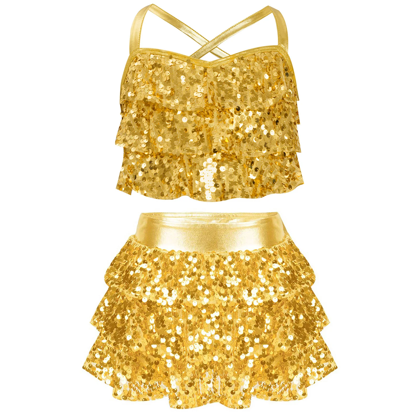 Kids Girls Jazz Hip-Hop Dance Outfit Shiny Metallic Sequins Tiered Crop Top with Culottes Cheerleading Stage Performance Costume
Kids Girls Jazz Hip-Hop Dance Outfit Shiny Metallic Sequins Tiered Crop Top with Culottes Cheerleading Stage Performance Costume