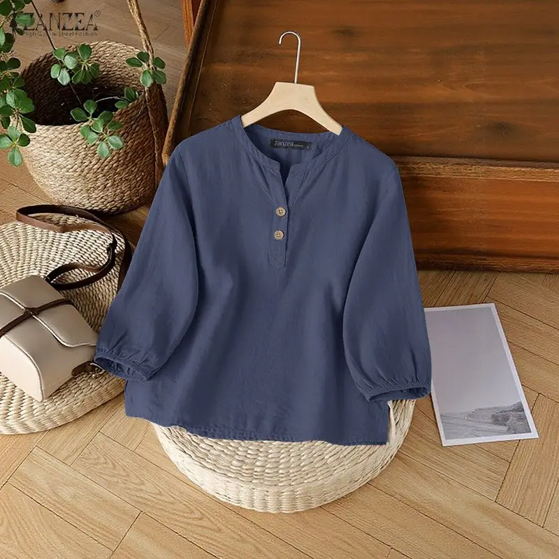 Летние женские хлопковые льняные блузки, повседневные однотонные топы с V-образным вырезом и рукавами 3/4, ZANZEA, повседневная одежда, блузки с частичной застежкой на пуговицы.
Летние женские хлопковые льняные блузки, повседневные однотонные топы с V-образным вырезом и рукавами 3/4, ZANZEA, повседневная одежда, блузки с частичной застежкой на пуговицы.