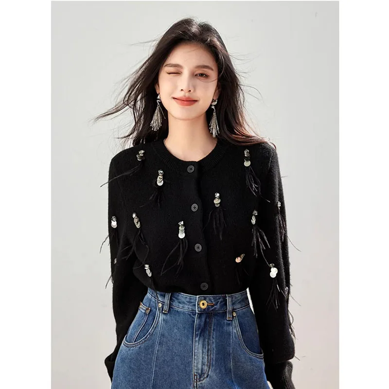New Ladies Autumn Winter Round Neck Cardigan Solid Color Fringed Sequins Long-Sleeved Sweater Bottoming Shirt Women's CasualCoat
New Ladies Autumn Winter Round Neck Cardigan Solid Color Fringed Sequins Long-Sleeved Sweater Bottoming Shirt Women's CasualCoat