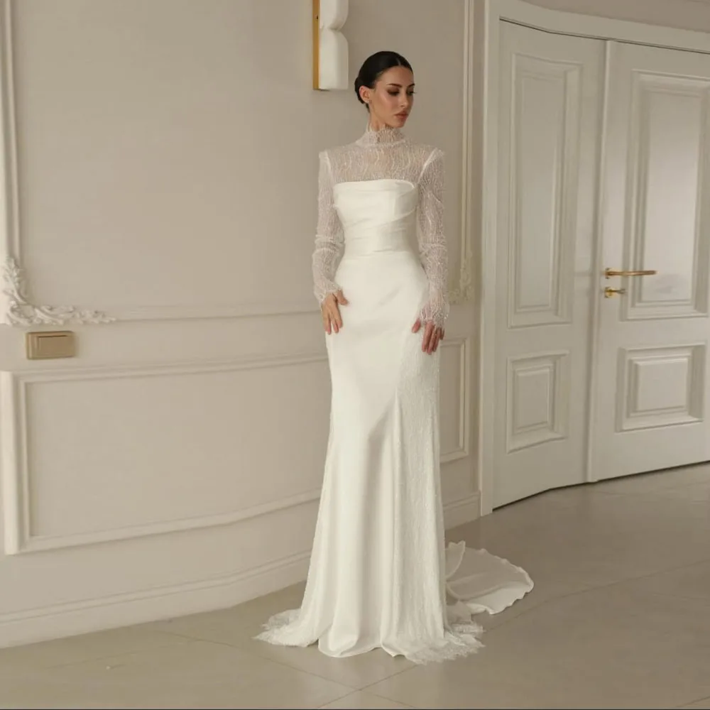 Sweetheart Women Wedding Dresses High Neck Long Sleeved Mermaid Bridal Gowns Lace Applique Banquet Vestidos De Novias Customized
Sweetheart Women Wedding Dresses High Neck Long Sleeved Mermaid Bridal Gowns Lace Applique Banquet Vestidos De Novias Customized