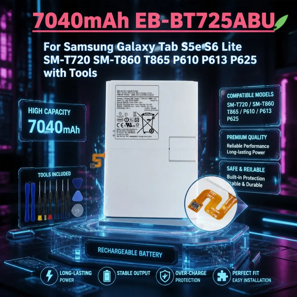 New 7040mAh EB-BT725ABU 3.85V Tablet Battery For Samsung Galaxy Tab S5e S6 Lite SM-T720 SM-T860 T865 P610 P613 P625 with
New 7040mAh EB-BT725ABU 3.85V Tablet Battery For Samsung Galaxy Tab S5e S6 Lite SM-T720 SM-T860 T865 P610 P613 P625 with