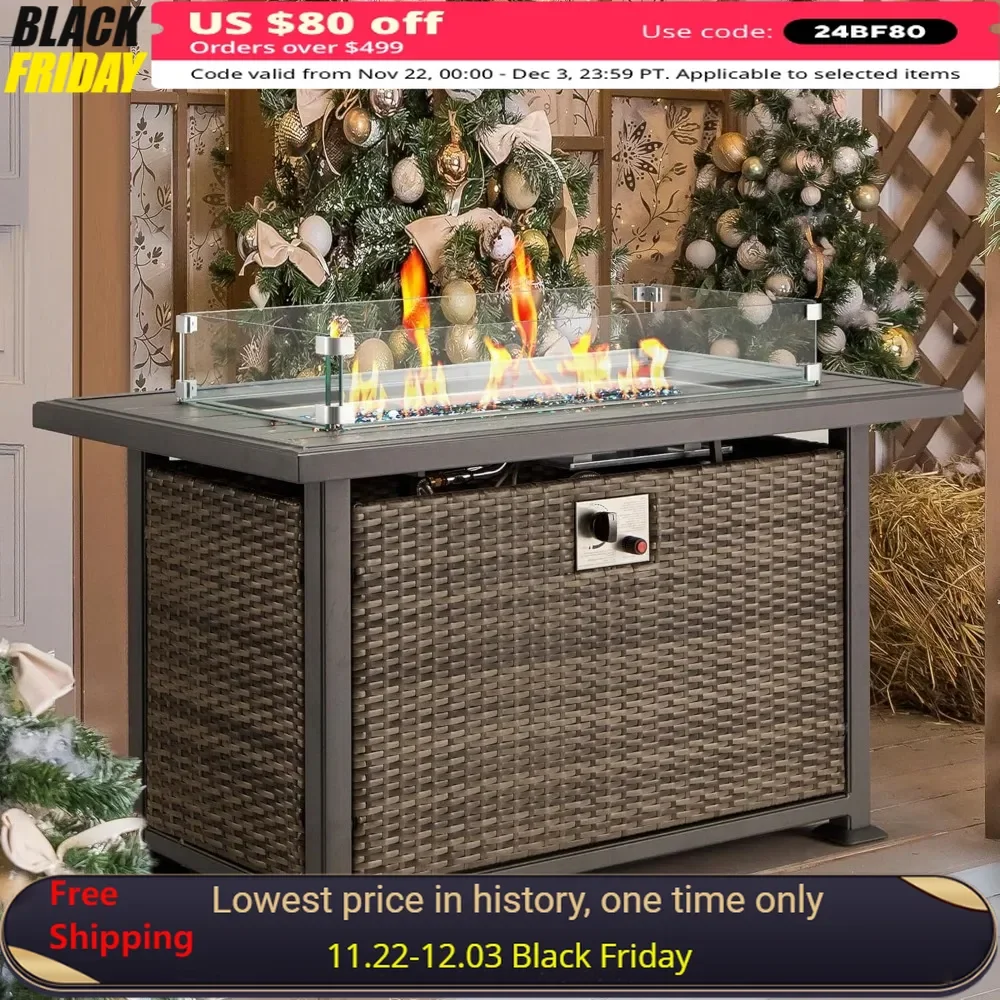 44" L Propane Gas Fire Pit Table,50,000 BTU Auto-Ignition,Glass Wind Guard,Aluminum Wooden Table Top,Fire Pit Table
44" L Propane Gas Fire Pit Table,50,000 BTU Auto-Ignition,Glass Wind Guard,Aluminum Wooden Table Top,Fire Pit Table