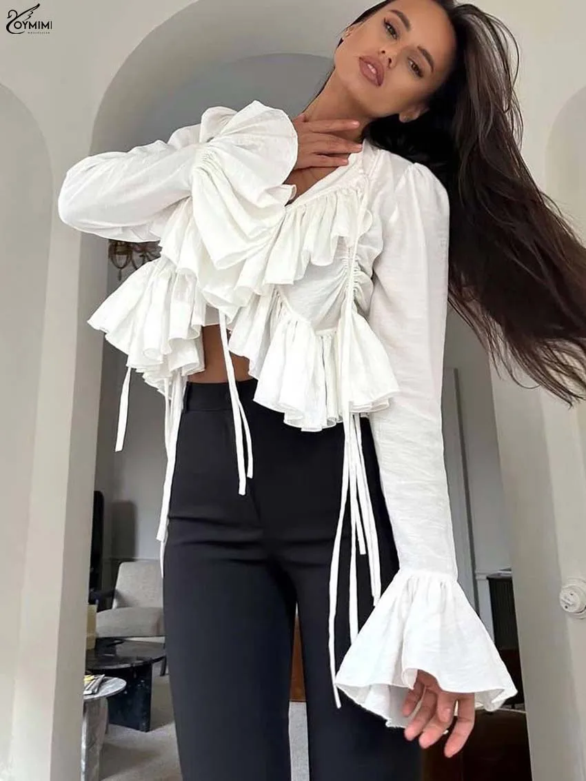 Oymimi Fashion White Slim Blouses For Women Elegant V-Neck Long Sleeve Ruffled Blouse Summer Lace-Up Pleated Crop Top Streetwear
Oymimi Fashion White Slim Blouses For Women Elegant V-Neck Long Sleeve Ruffled Blouse Summer Lace-Up Pleated Crop Top Streetwear