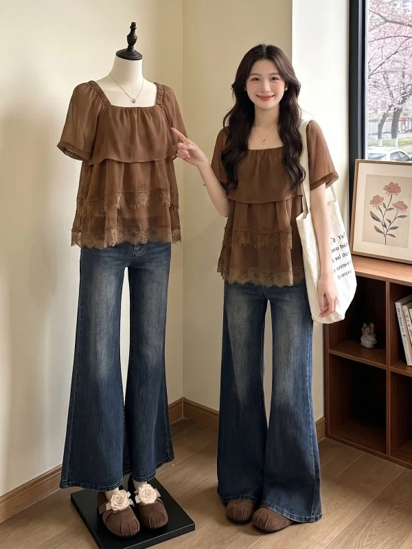 Cafe Au Lait Square Collar Short Sleeve Women's Shirt Summer New Style Large Size Fat MM Doll Shirt Korean Style Loose Fit
Cafe Au Lait Square Collar Short Sleeve Women's Shirt Summer New Style Large Size Fat MM Doll Shirt Korean Style Loose Fit
