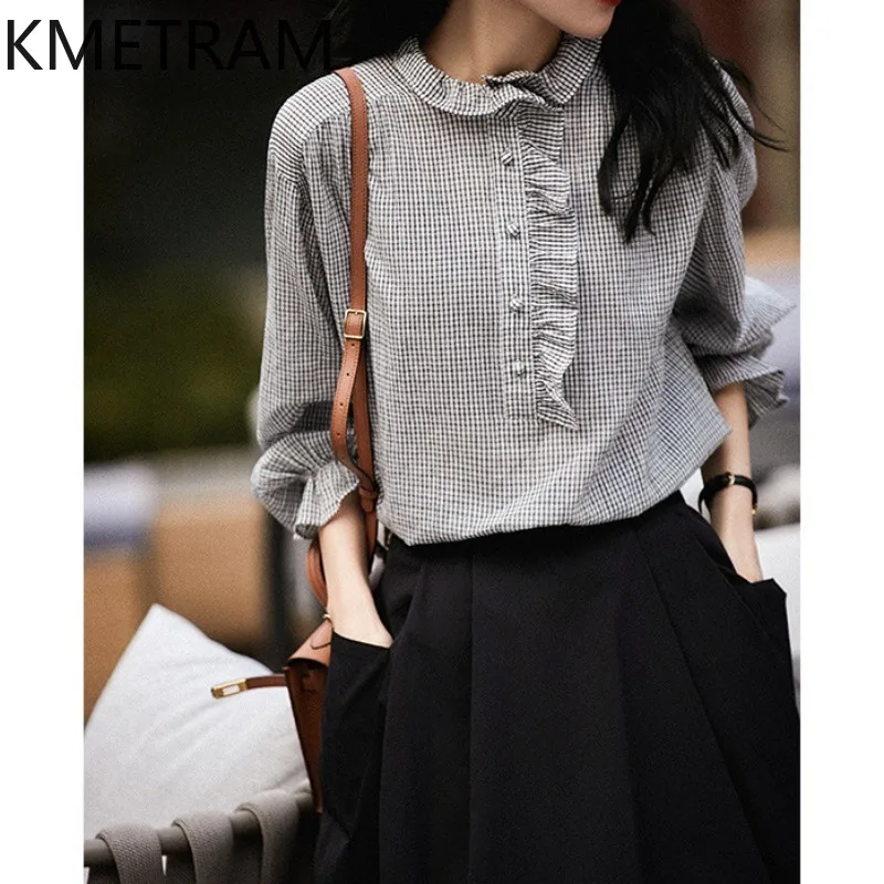 KMETRAM French Style Ruffled Shirt Women Plaid Printed Stand Collar Blouse Long Sleeve Casual Spring Tops Woman Clothes 2026 셔츠
KMETRAM French Style Ruffled Shirt Women Plaid Printed Stand Collar Blouse Long Sleeve Casual Spring Tops Woman Clothes 2026 셔츠
