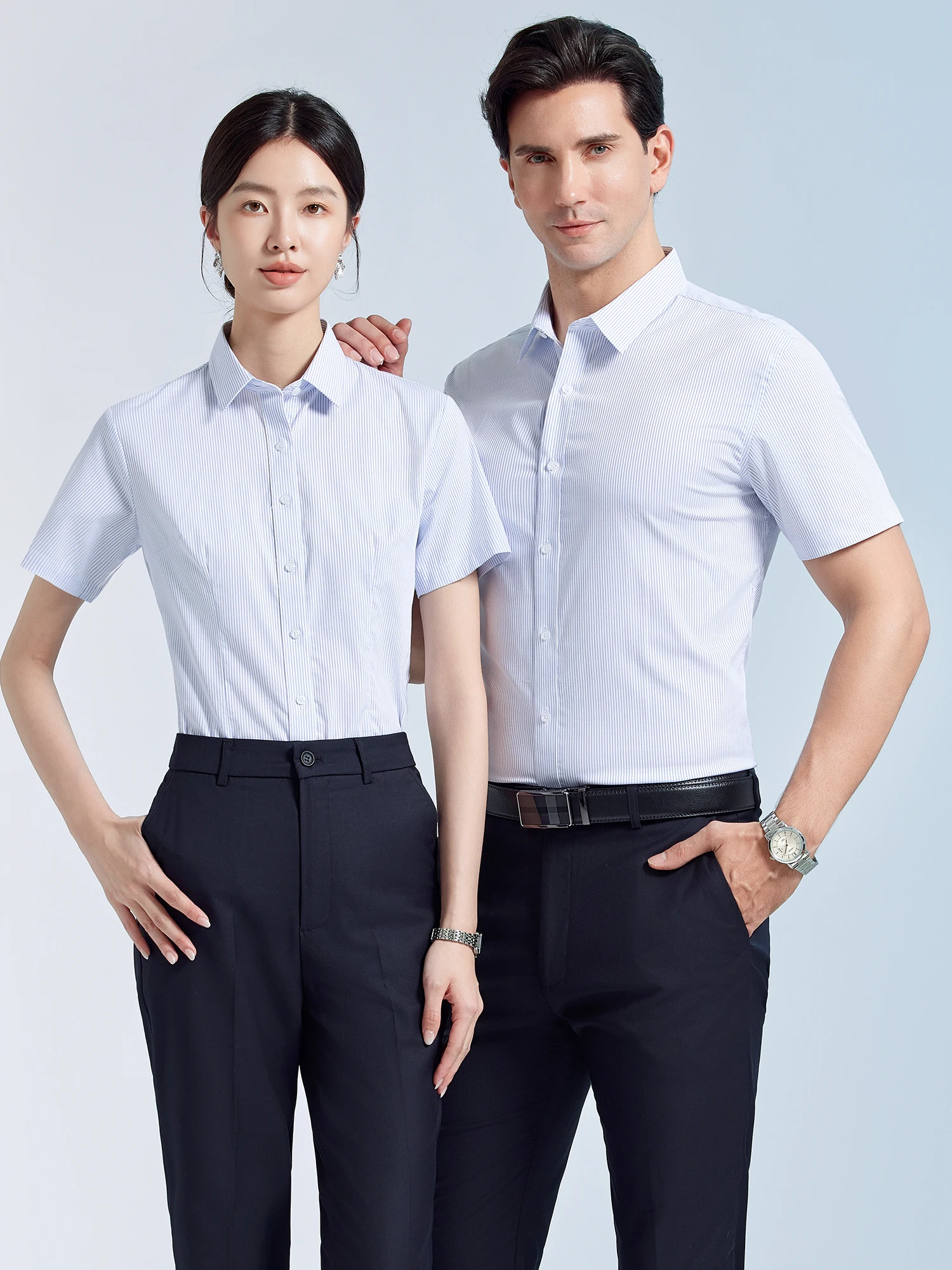 Short Sleeve Business Shirt Men's Women's Formal Workwear Slim Fit Striped Professional Clothing Work Uniforms Quality Garments
Short Sleeve Business Shirt Men's Women's Formal Workwear Slim Fit Striped Professional Clothing Work Uniforms Quality Garments